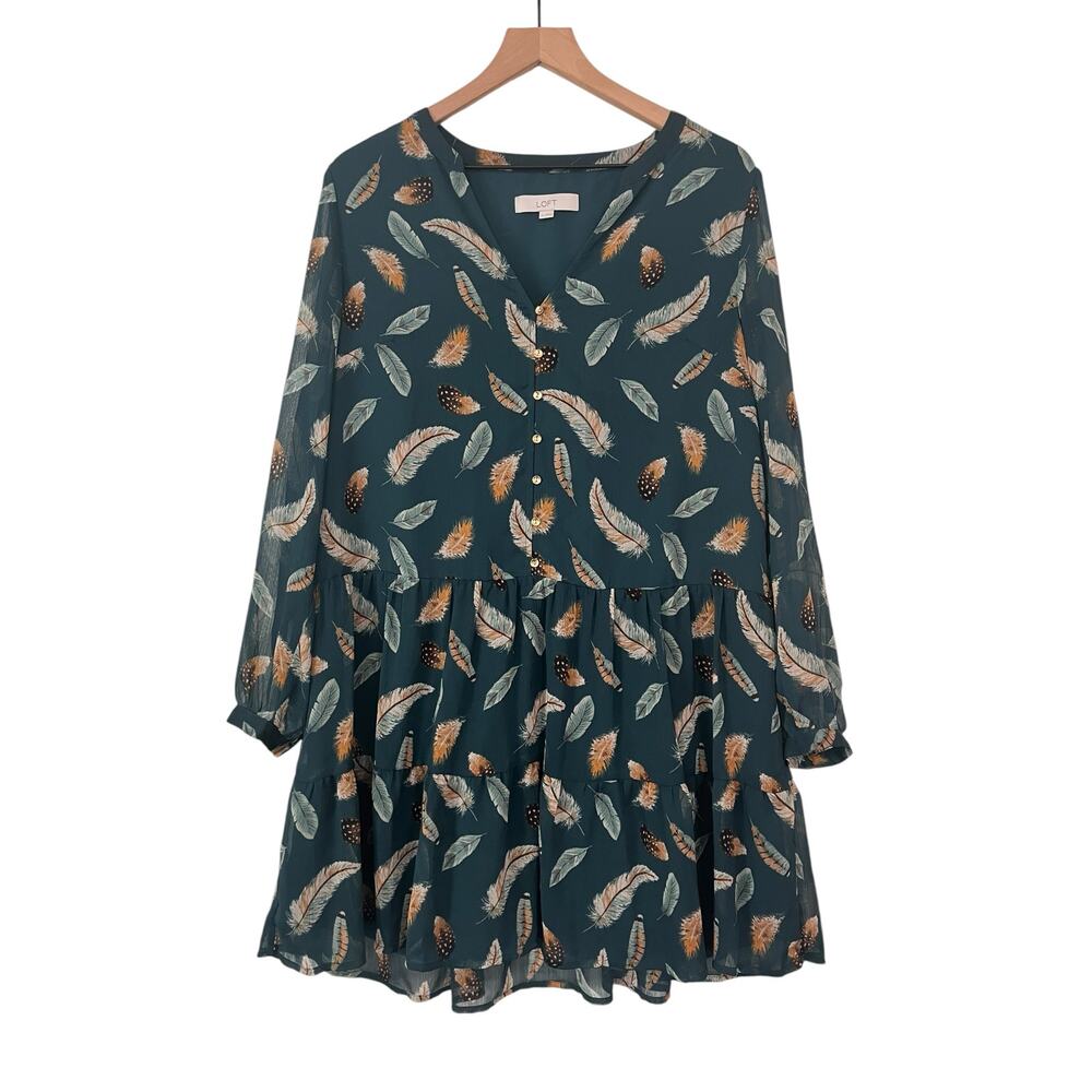 LOFT Long Sleeve Green Chiffon Feather Print Drop Waist Dress Size  Medium